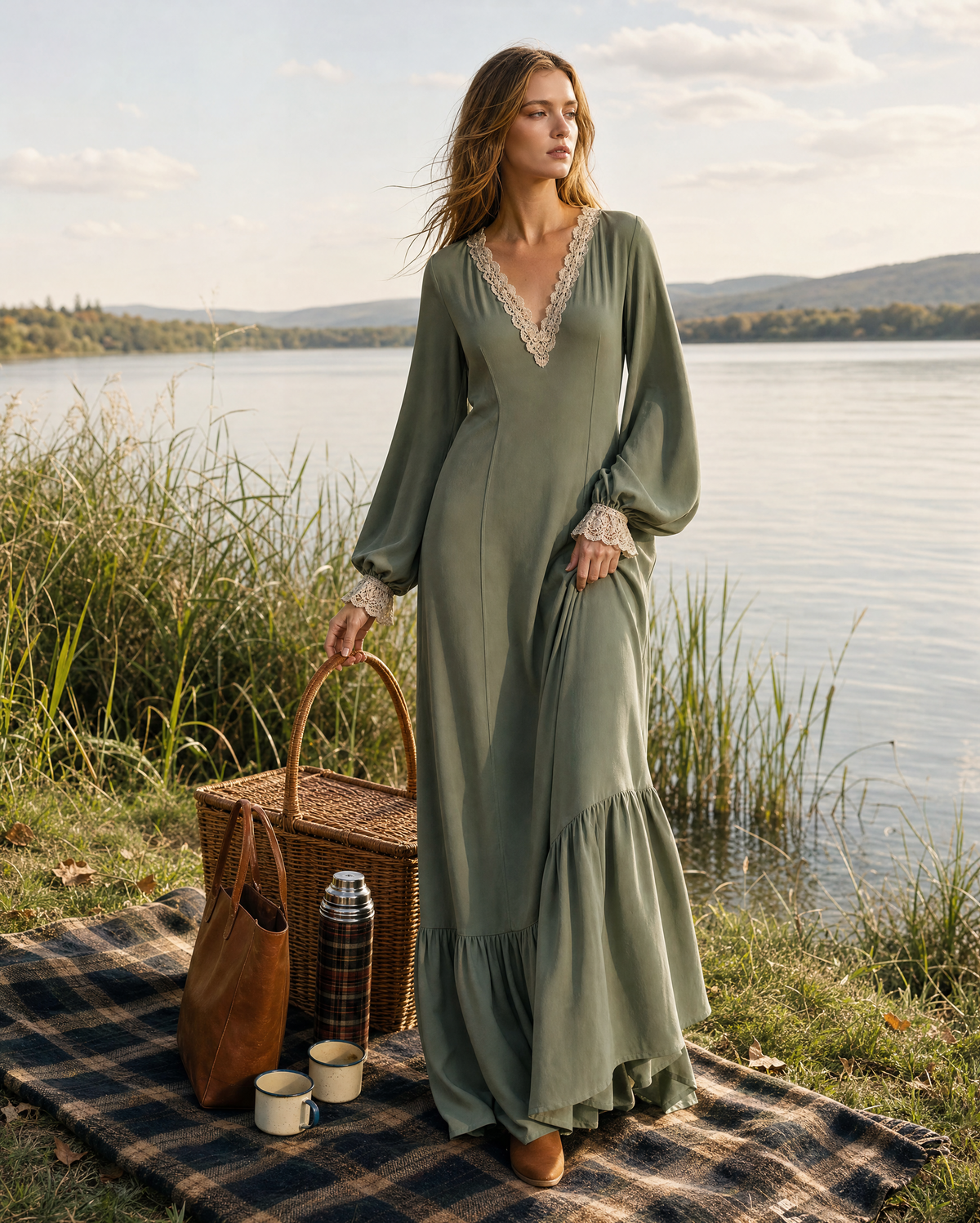 Bohemian Sage Green Woven Lace-trim V-neck Long-sleeve Maxi Dress MVA002500AA
