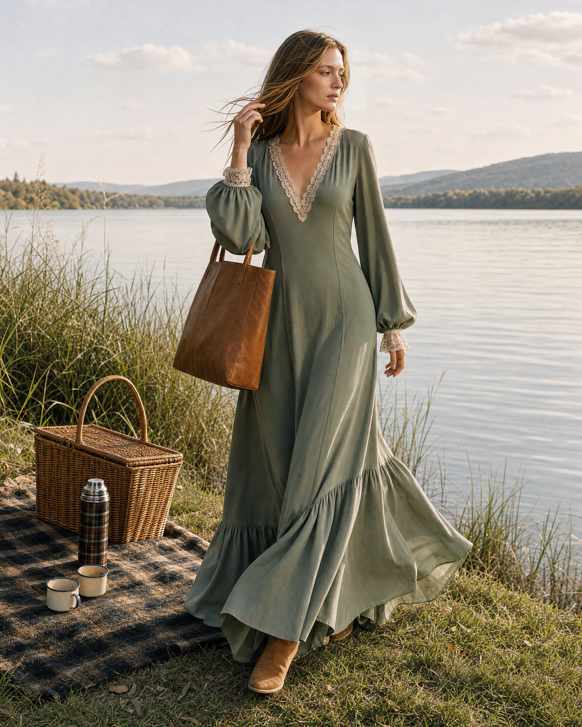Bohemian Sage Green Woven Lace-trim V-neck Long-sleeve Maxi Dress MVA002500AA