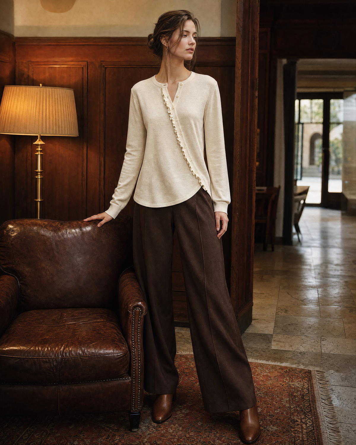Bohemian Oatmeal Knit Asymmetric Ruffled Round-neck Hip-length Top MVA002520AA