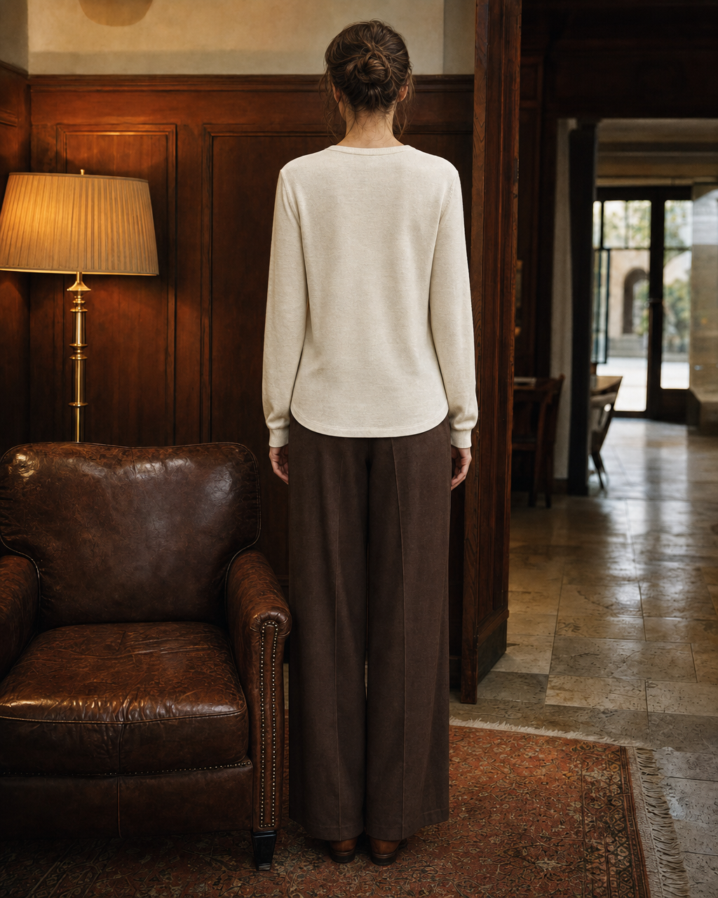 Bohemian Oatmeal Knit Asymmetric Ruffled Round-neck Hip-length Top MVA002520AA