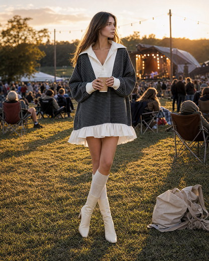 Bohemian Charcoal Striped Knit Ruffled-hem Polo-collar Mini Dress MVA002530AA