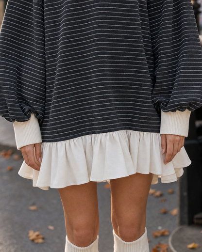 Bohemian Charcoal Striped Knit Ruffled-hem Polo-collar Mini Dress MVA002530AA