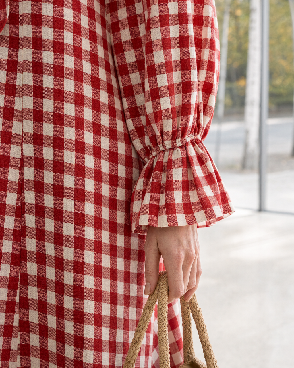 Bohemian Red Gingham Cotton-linen Ruffled V-neck Maxi Dress MVA002540AA