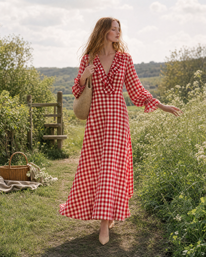 Bohemian Red Gingham Cotton-linen Ruffled V-neck Maxi Dress MVA002540AA