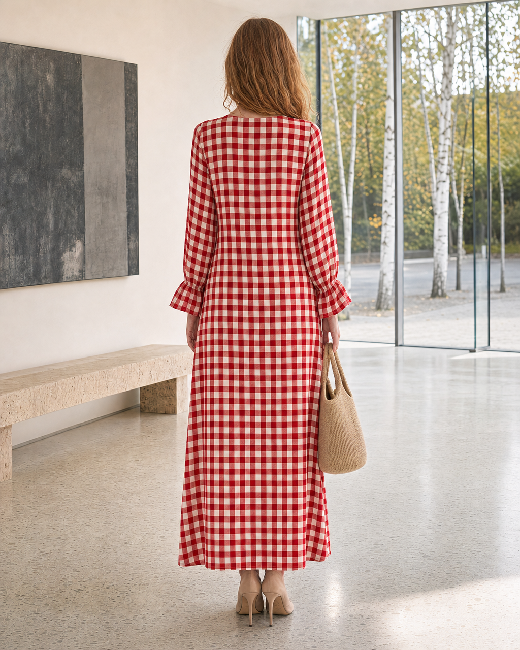 Bohemian Red Gingham Cotton-linen Ruffled V-neck Maxi Dress MVA002540AA