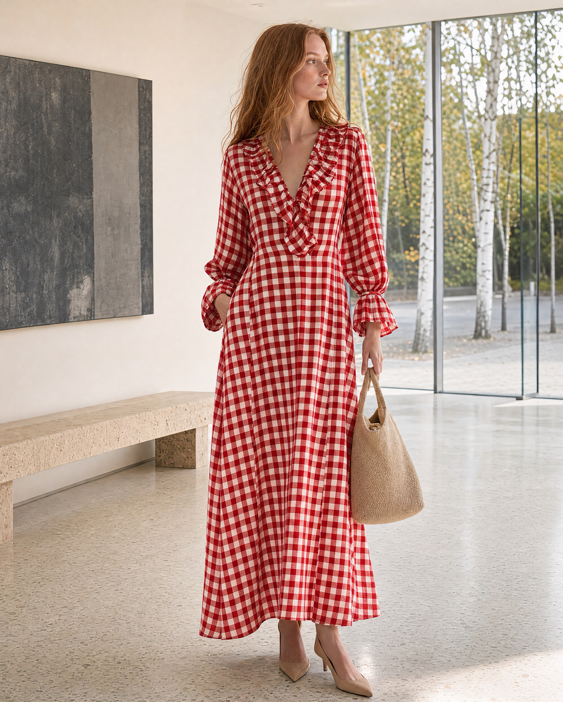 Bohemian Red Gingham Cotton-linen Ruffled V-neck Maxi Dress MVA002540AA