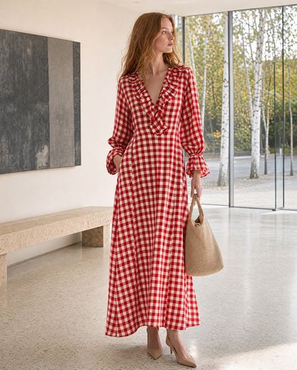 Bohemian Red Gingham Cotton-linen Ruffled V-neck Maxi Dress MVA002540AA