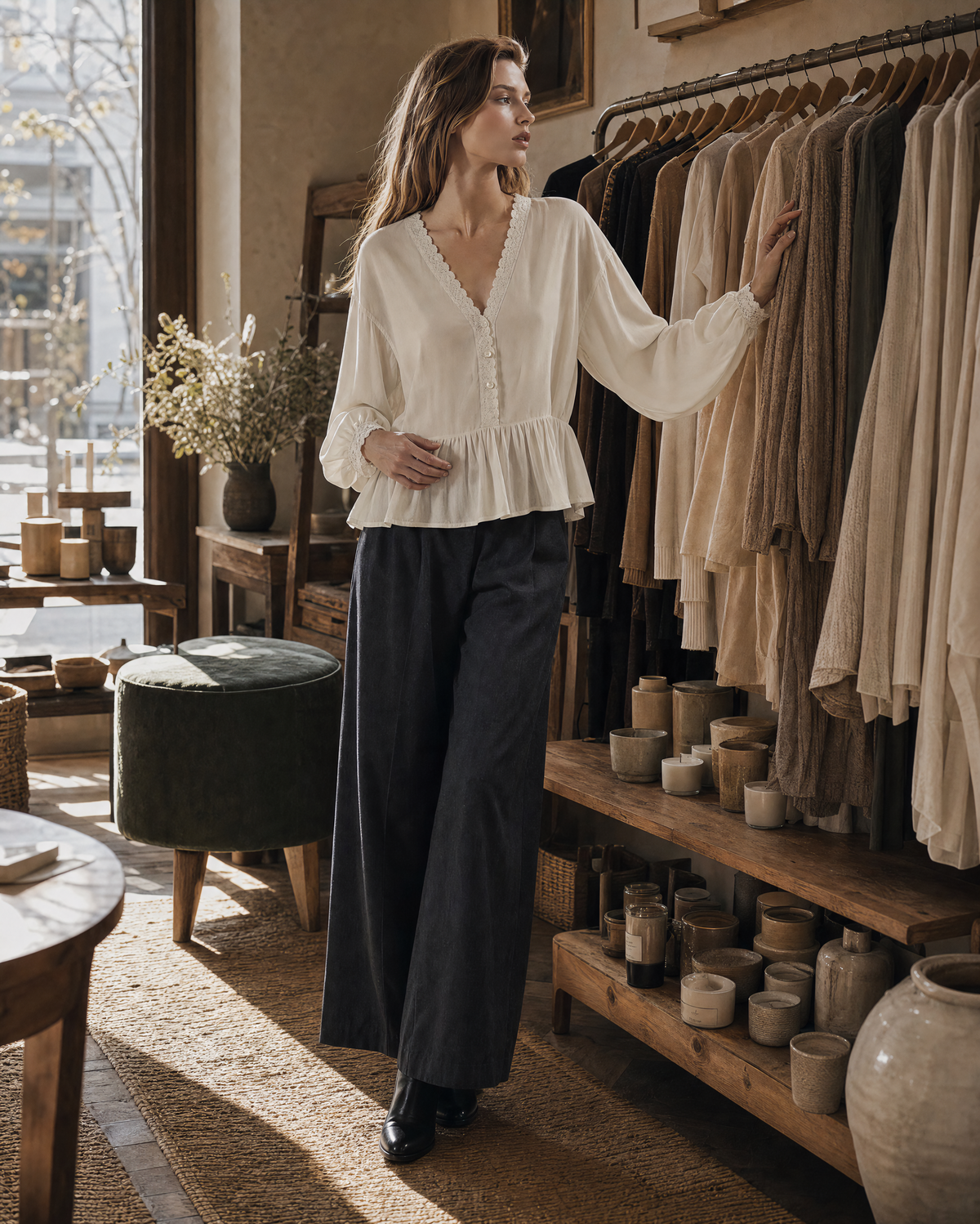 Bohemian Ivory Lace-trimmed V-neck Peplum Blouse MVA002550AA