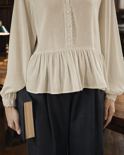 Bohemian Ivory Lace-trimmed V-neck Peplum Blouse MVA002550AA