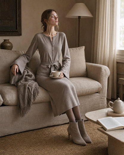 Casual Taupe Knit Round-neck Long-sleeve Belted Midi Dress MVA002560AA