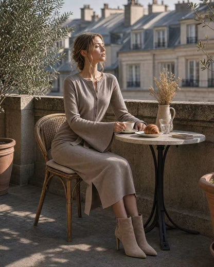 Casual Taupe Knit Round-neck Long-sleeve Belted Midi Dress MVA002560AA