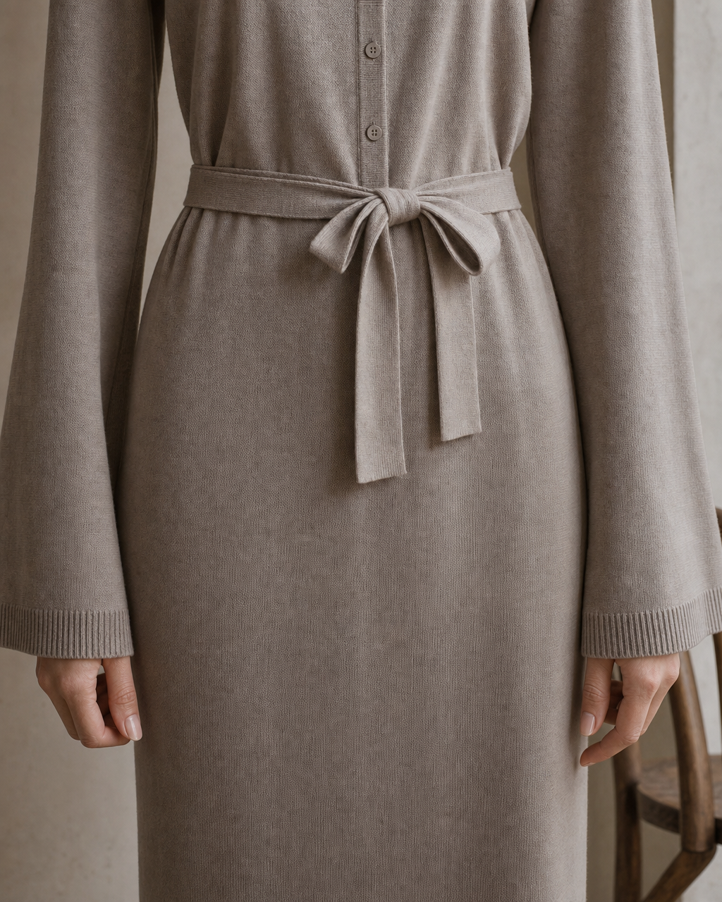 Casual Taupe Knit Round-neck Long-sleeve Belted Midi Dress MVA002560AA