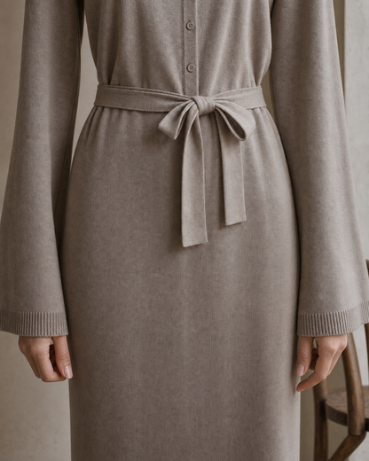 Casual Taupe Knit Round-neck Long-sleeve Belted Midi Dress MVA002560AA
