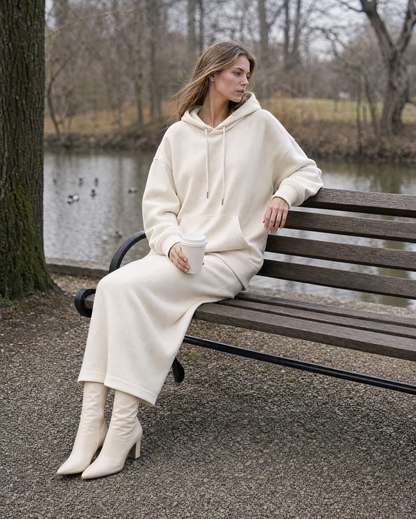 Casual Cream Brushed Sweatshirt Hooded Long-sleeve Two-piece Skirt Set MVA002570AA