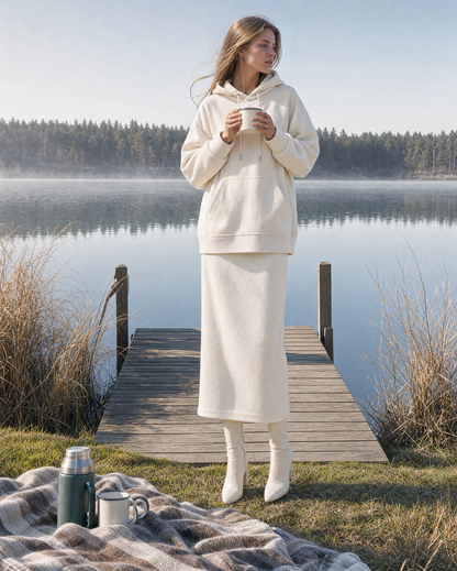 Casual Cream Brushed Sweatshirt Hooded Long-sleeve Two-piece Skirt Set MVA002570AA