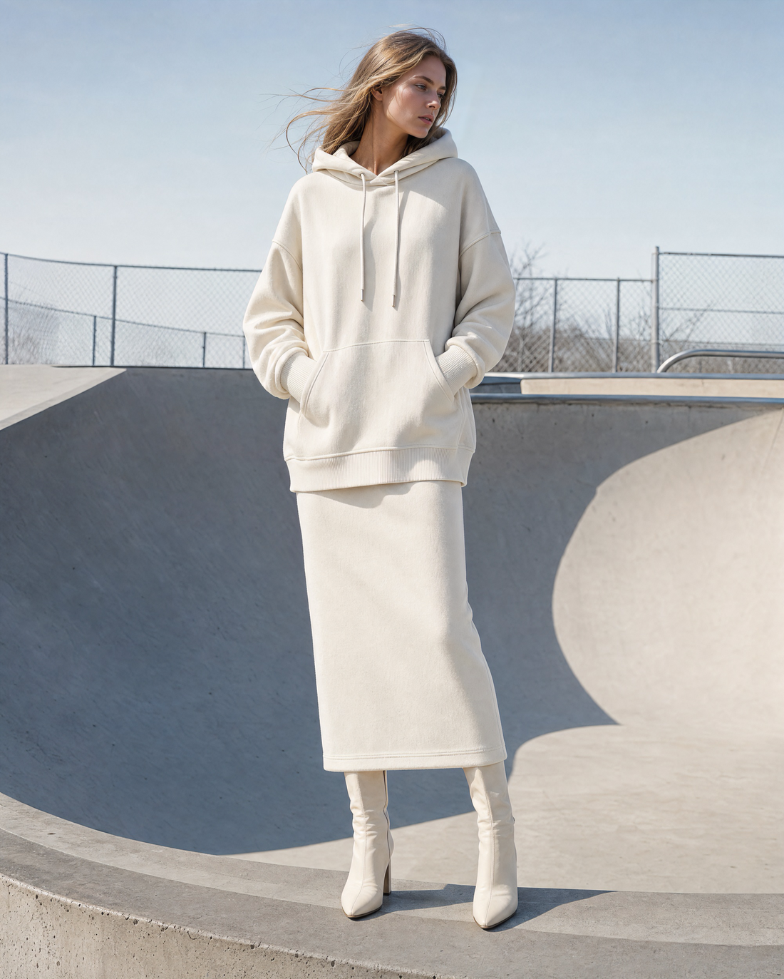 Casual Cream Brushed Sweatshirt Hooded Long-sleeve Two-piece Skirt Set MVA002570AA