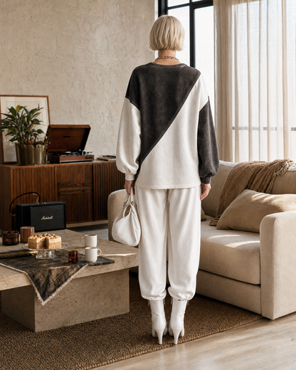 Casual Black And Ivory Colorblock Sweatshirt V-neck Long-sleeve Two-piece Jogger Set MVA002580AA
