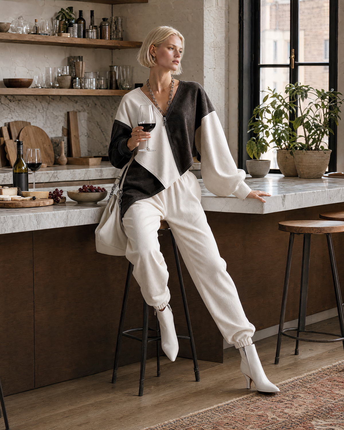 Casual Black And Ivory Colorblock Sweatshirt V-neck Long-sleeve Two-piece Jogger Set MVA002580AA