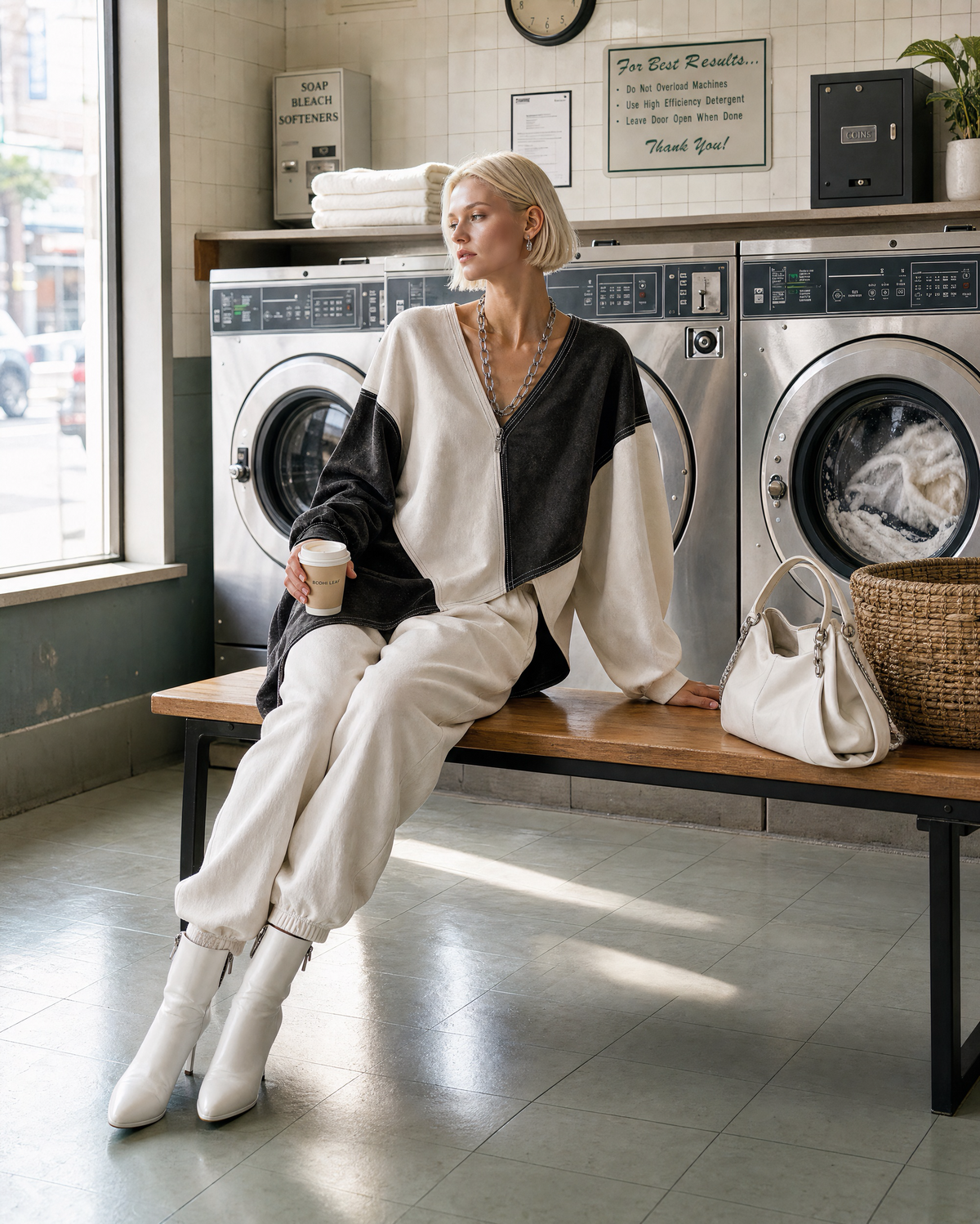 Casual Black And Ivory Colorblock Sweatshirt V-neck Long-sleeve Two-piece Jogger Set MVA002580AA