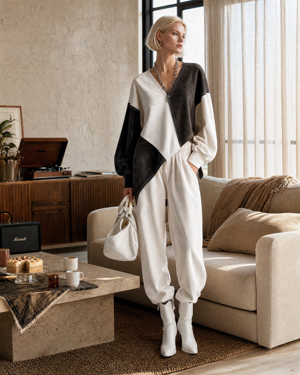Casual Black And Ivory Colorblock Sweatshirt V-neck Long-sleeve Two-piece Jogger Set MVA002580AA