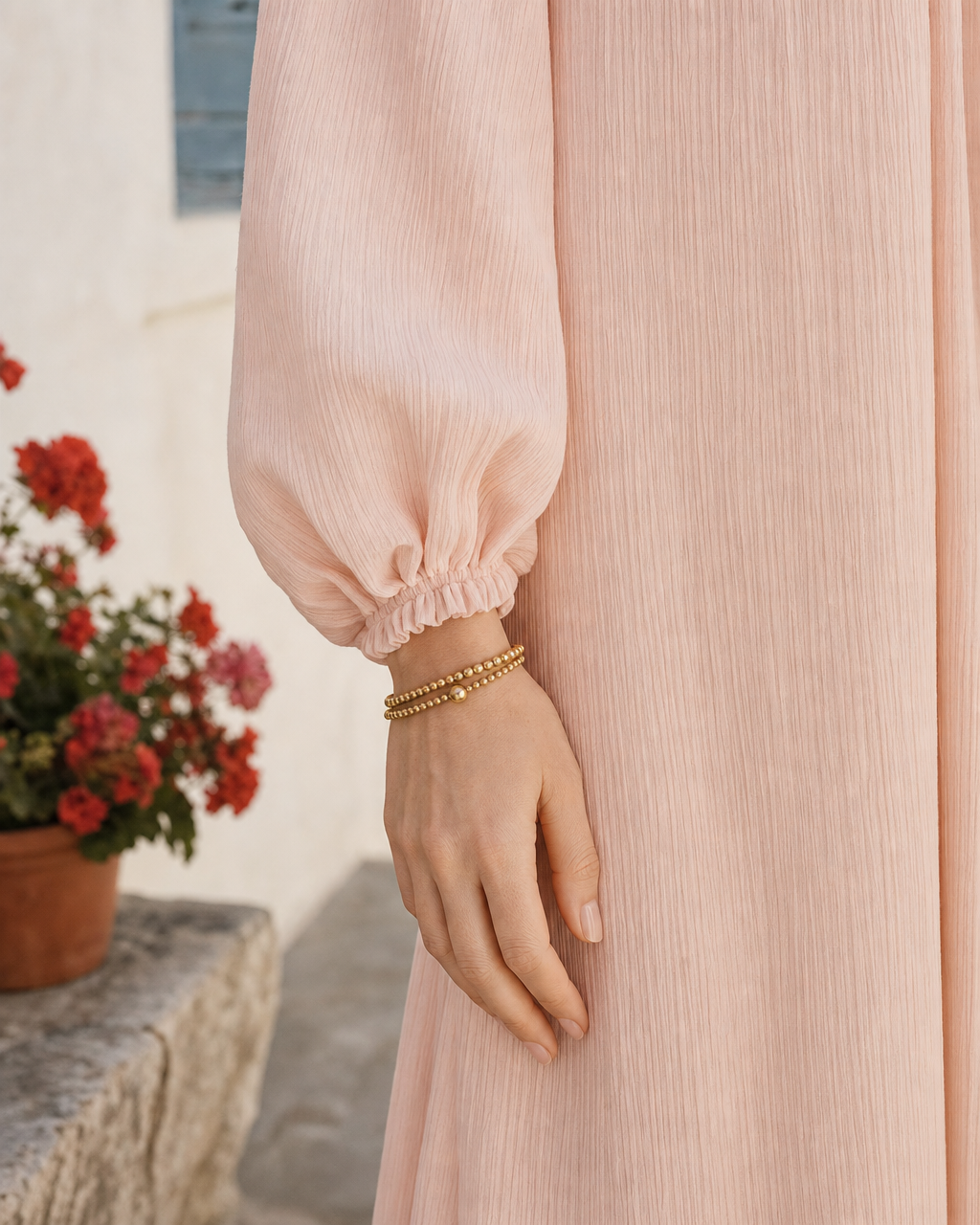 Casual Blush Pink Crinkle Chiffon Off-shoulder Long-sleeve Maxi Dress MVA002590AA