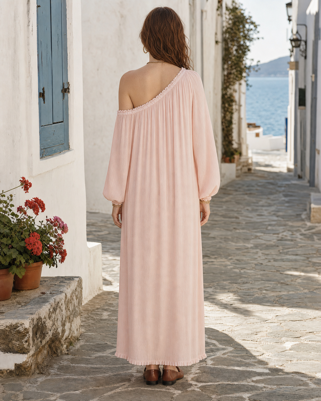 Casual Blush Pink Crinkle Chiffon Off-shoulder Long-sleeve Maxi Dress MVA002590AA