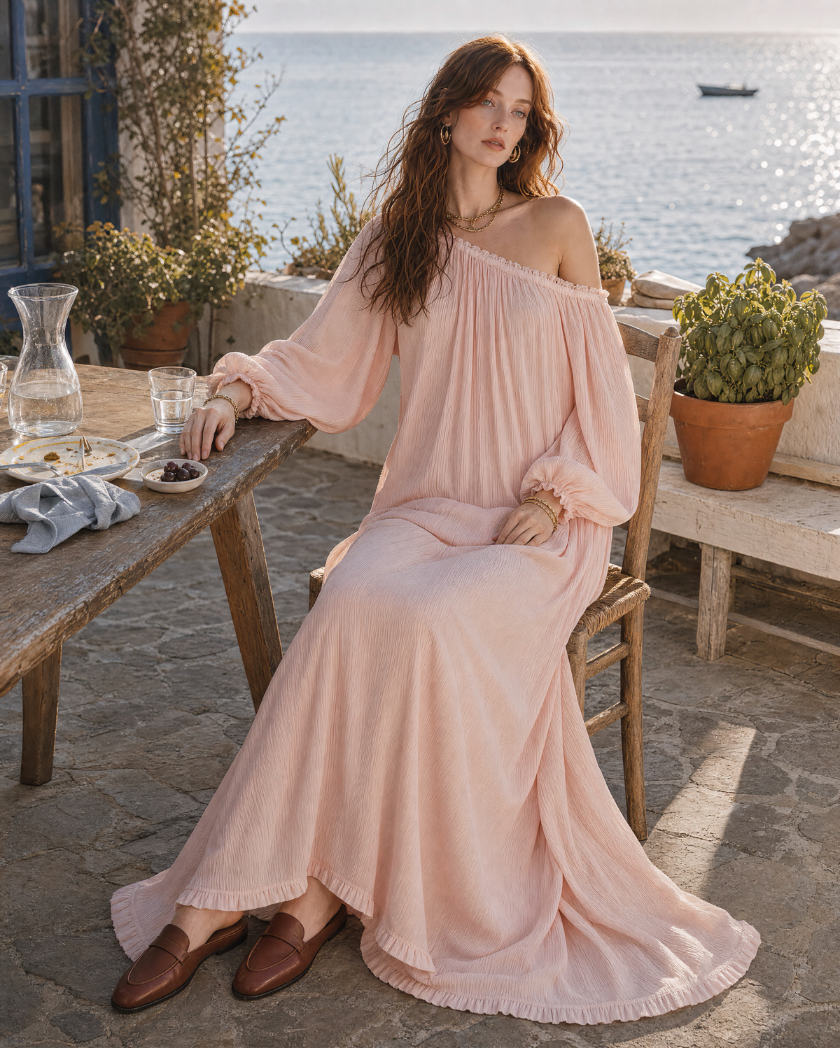 Casual Blush Pink Crinkle Chiffon Off-shoulder Long-sleeve Maxi Dress MVA002590AA
