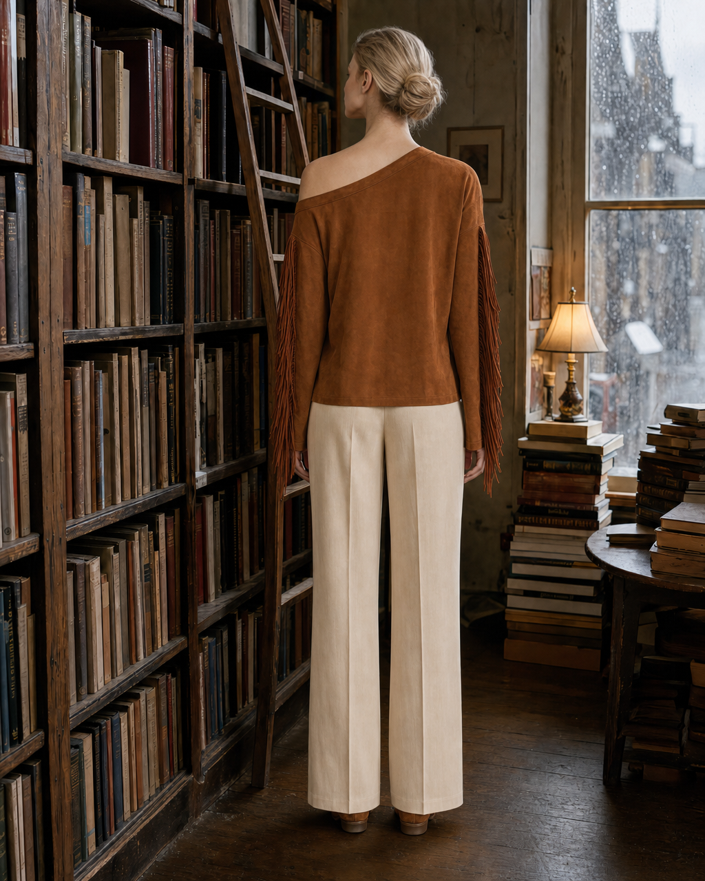 Bohemian Caramel Faux-suede Off-shoulder Long-sleeve Fringed Top MVA002600AA
