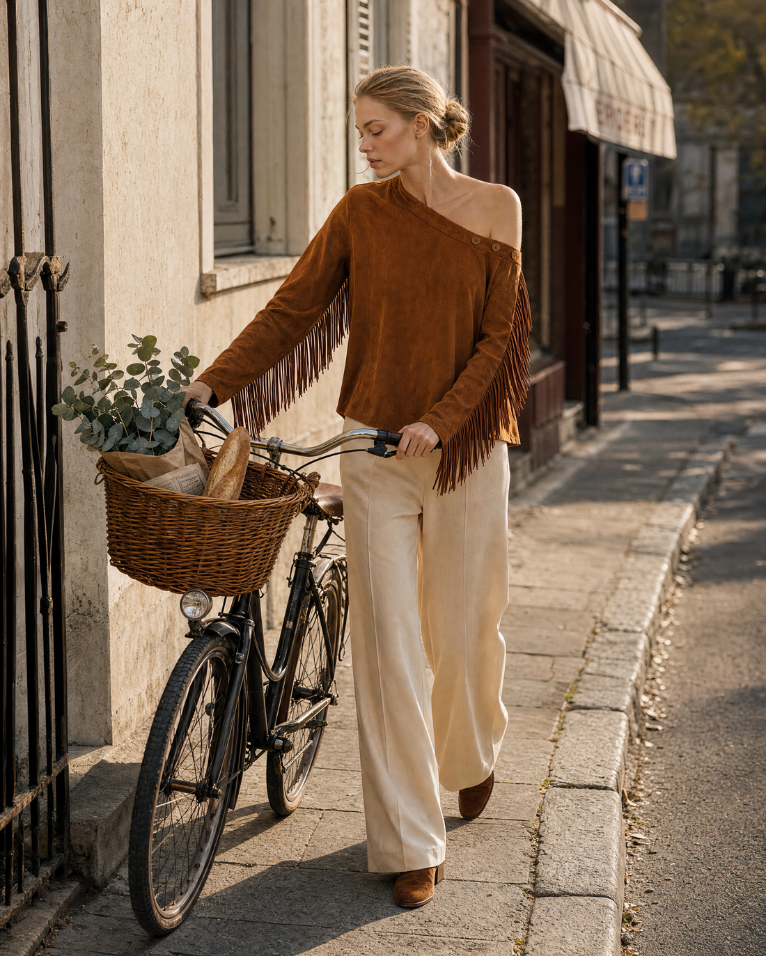 Bohemian Caramel Faux-suede Off-shoulder Long-sleeve Fringed Top MVA002600AA