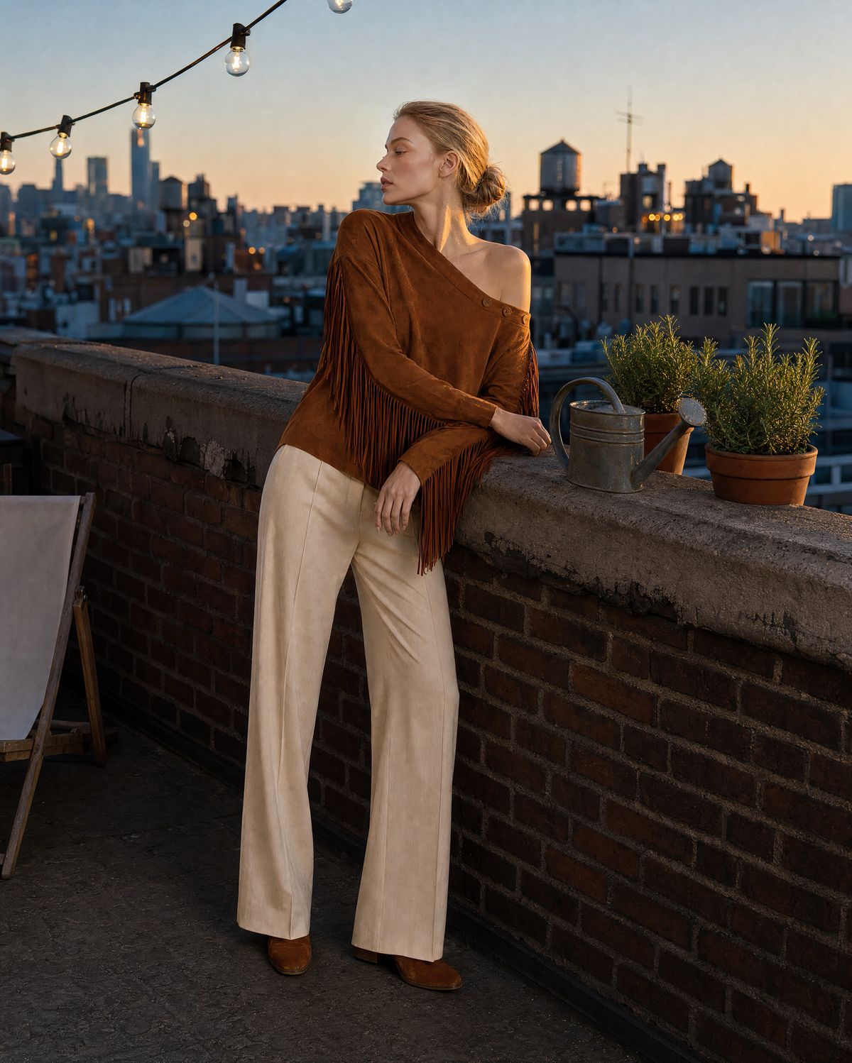Bohemian Caramel Faux-suede Off-shoulder Long-sleeve Fringed Top MVA002600AA