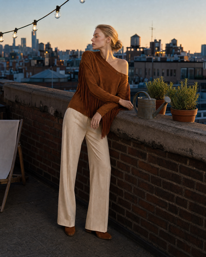 Bohemian Caramel Faux-suede Off-shoulder Long-sleeve Fringed Top MVA002600AA
