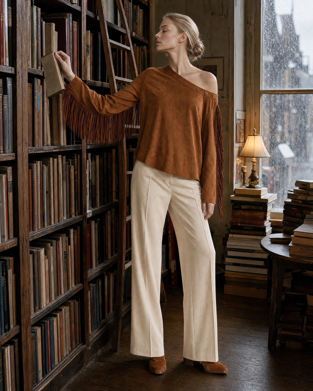 Bohemian Caramel Faux-suede Off-shoulder Long-sleeve Fringed Top MVA002600AA