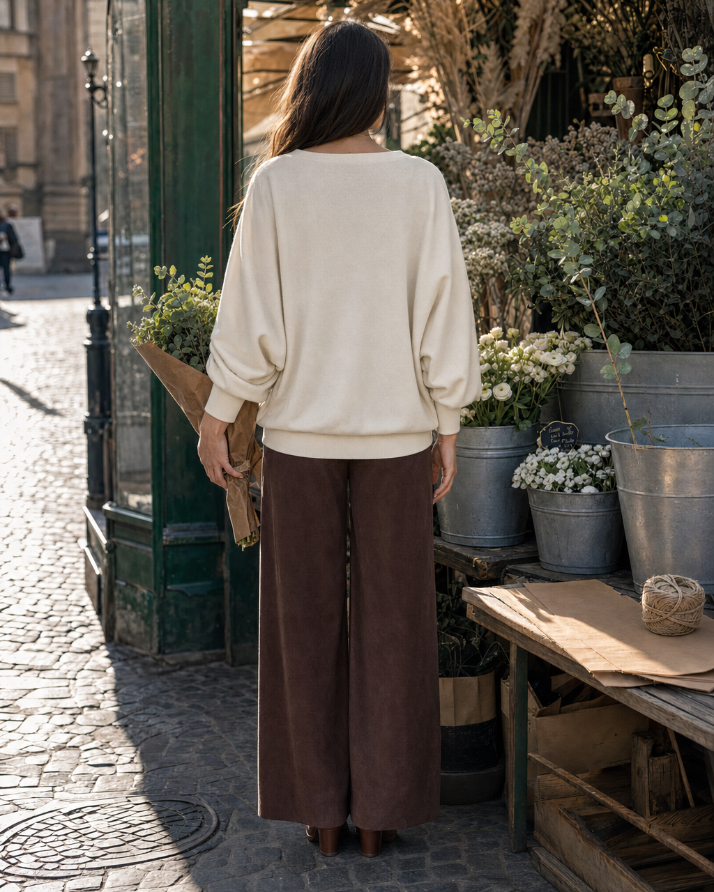 Casual Cream And Brown Knit Tie-neck Long-sleeve Two-piece Wide-leg Pants Set MVA002610AA