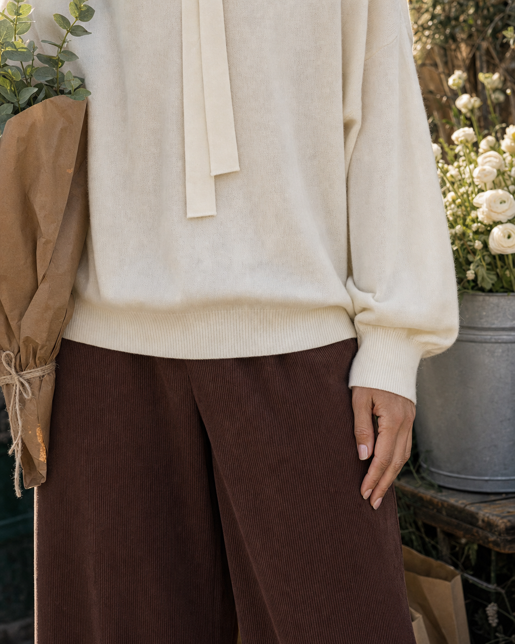 Casual Cream And Brown Knit Tie-neck Long-sleeve Two-piece Wide-leg Pants Set MVA002610AA