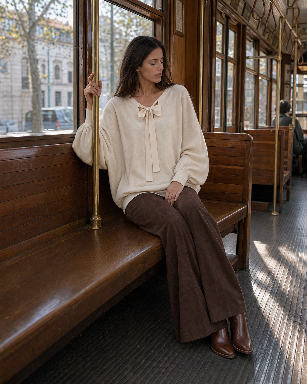 Casual Cream And Brown Knit Tie-neck Long-sleeve Two-piece Wide-leg Pants Set MVA002610AA