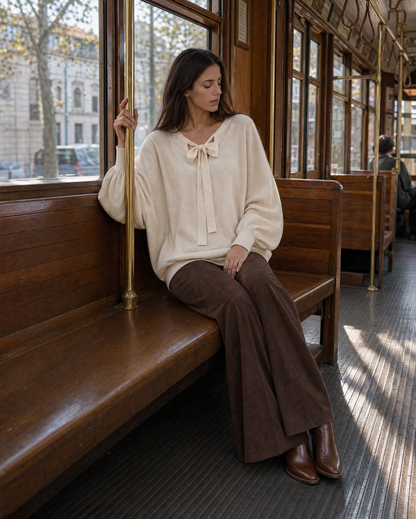 Casual Cream And Brown Knit Tie-neck Long-sleeve Two-piece Wide-leg Pants Set MVA002610AA