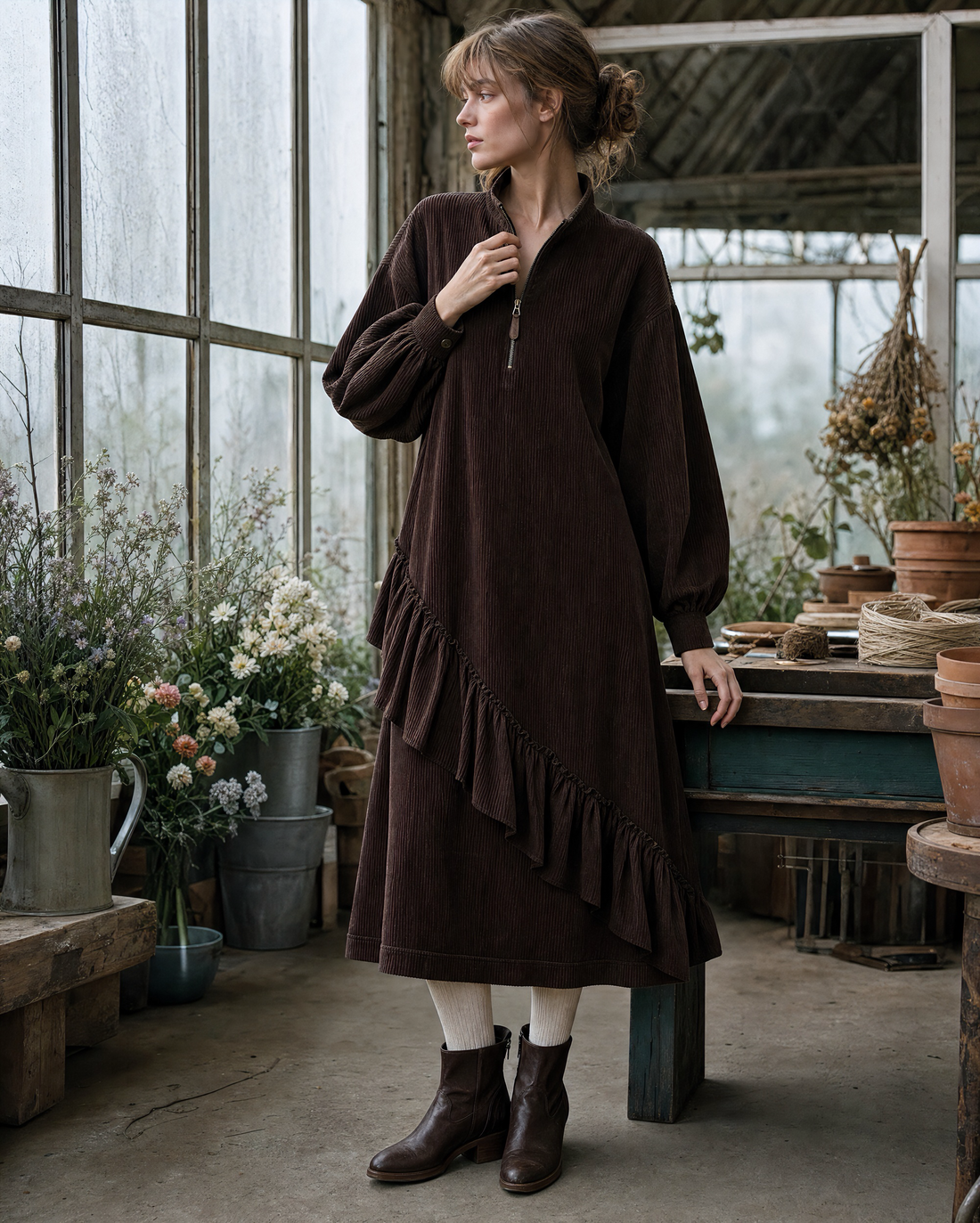 Casual Chocolate Brown Corduroy Stand-collar Long-sleeve Ruffled Midi Dress MVA002620AA