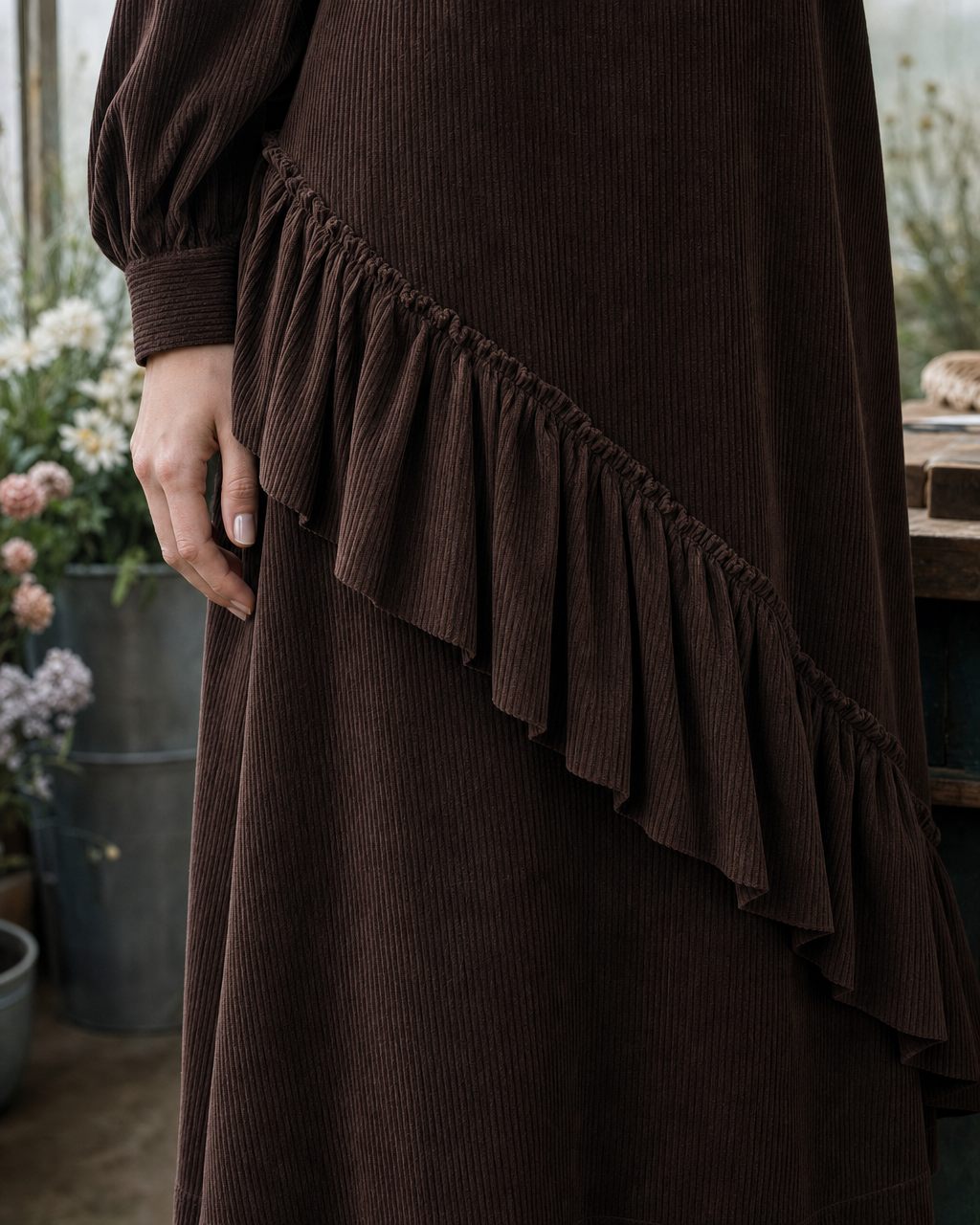 Casual Chocolate Brown Corduroy Stand-collar Long-sleeve Ruffled Midi Dress MVA002620AA