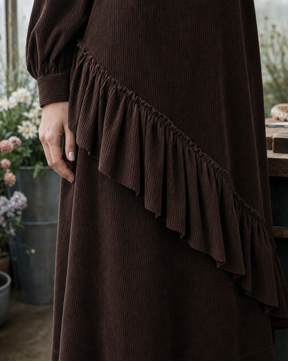 Casual Chocolate Brown Corduroy Stand-collar Long-sleeve Ruffled Midi Dress MVA002620AA