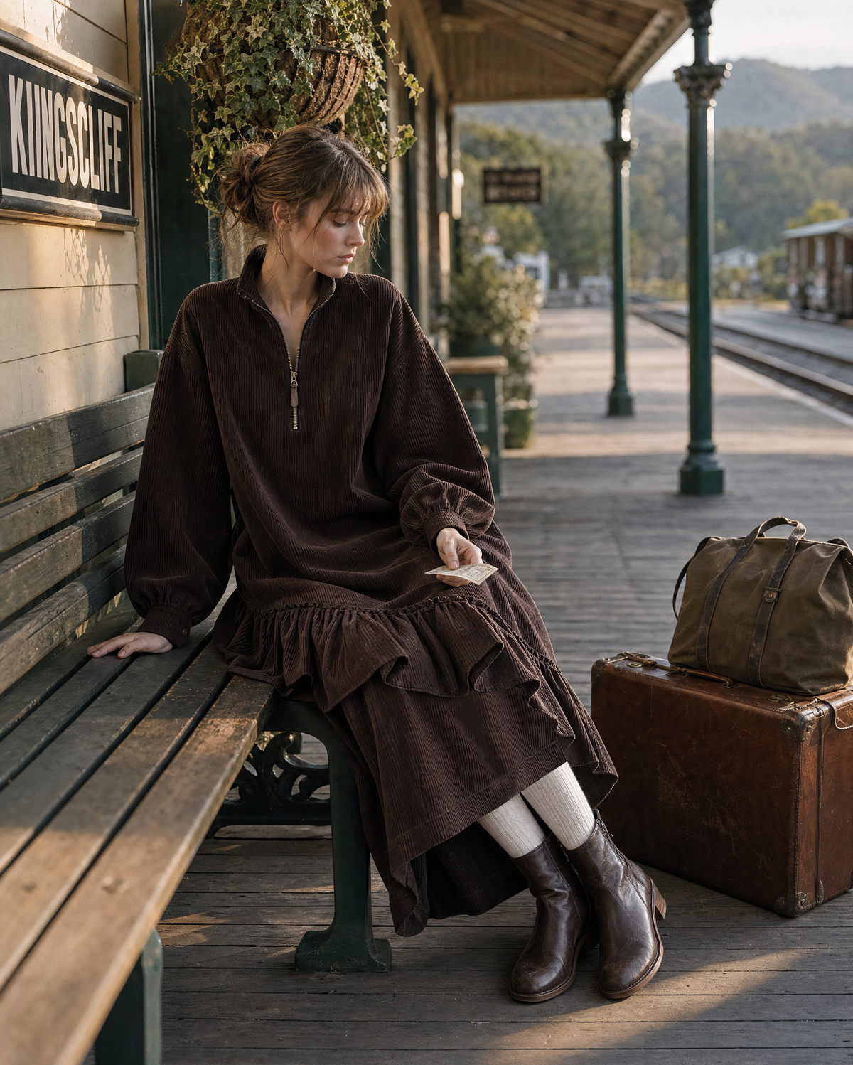 Casual Chocolate Brown Corduroy Stand-collar Long-sleeve Ruffled Midi Dress MVA002620AA