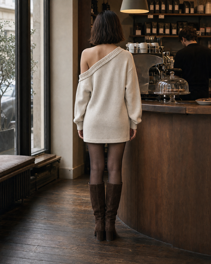 Casual Oatmeal Knit One-shoulder Long-sleeve Ruffled Mini Dress MVA002630AA