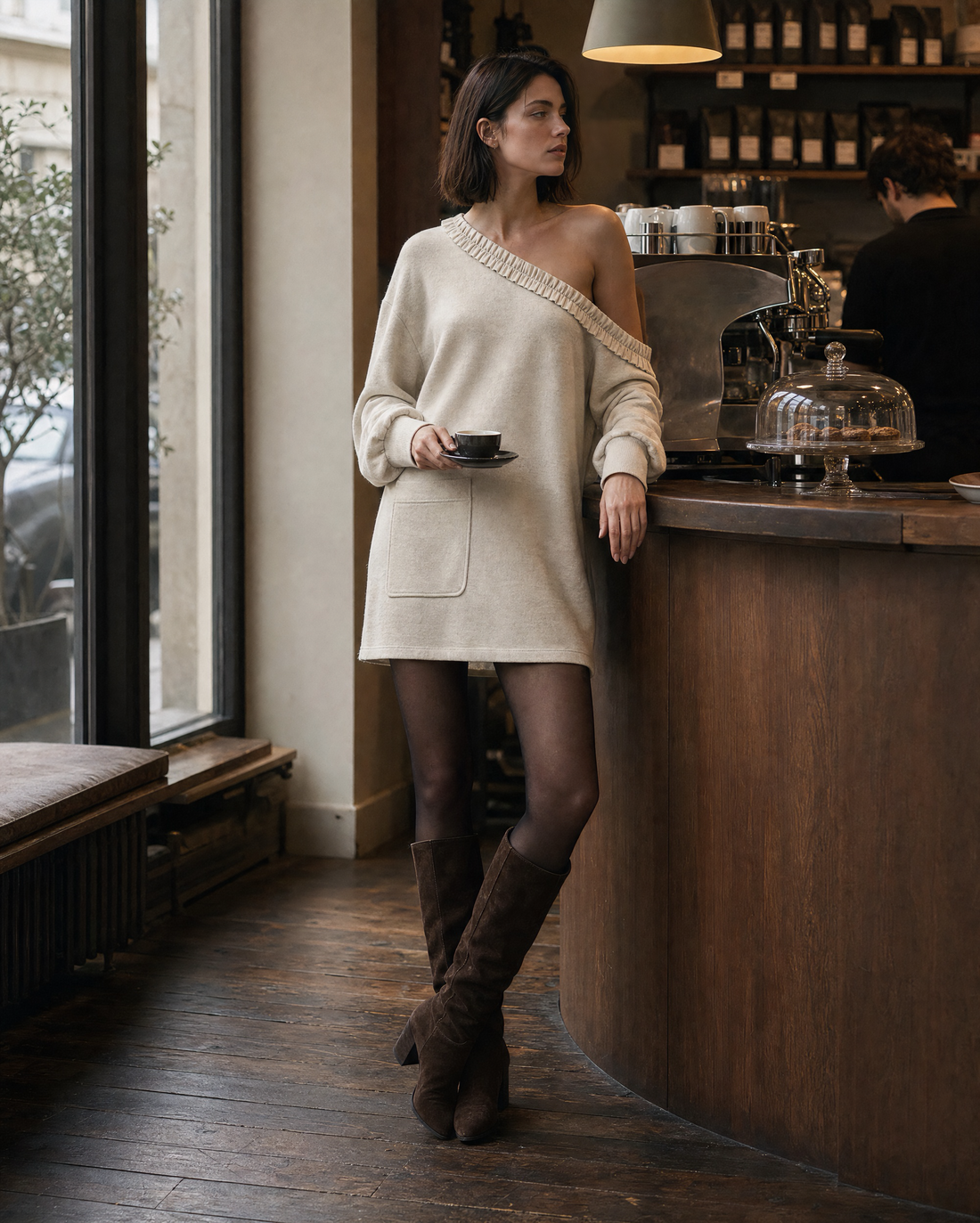 Casual Oatmeal Knit One-shoulder Long-sleeve Ruffled Mini Dress MVA002630AA