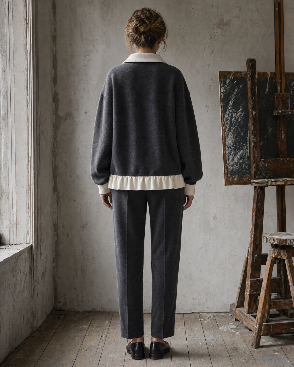 Casual Charcoal Grey Brushed Knit Contrast Polo-collar Long-sleeve Ruffled Hem Top MVA002640AA