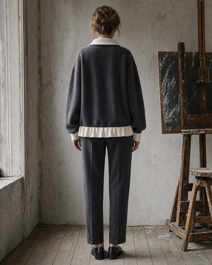 Casual Charcoal Grey Brushed Knit Contrast Polo-collar Long-sleeve Ruffled Hem Top MVA002640AA