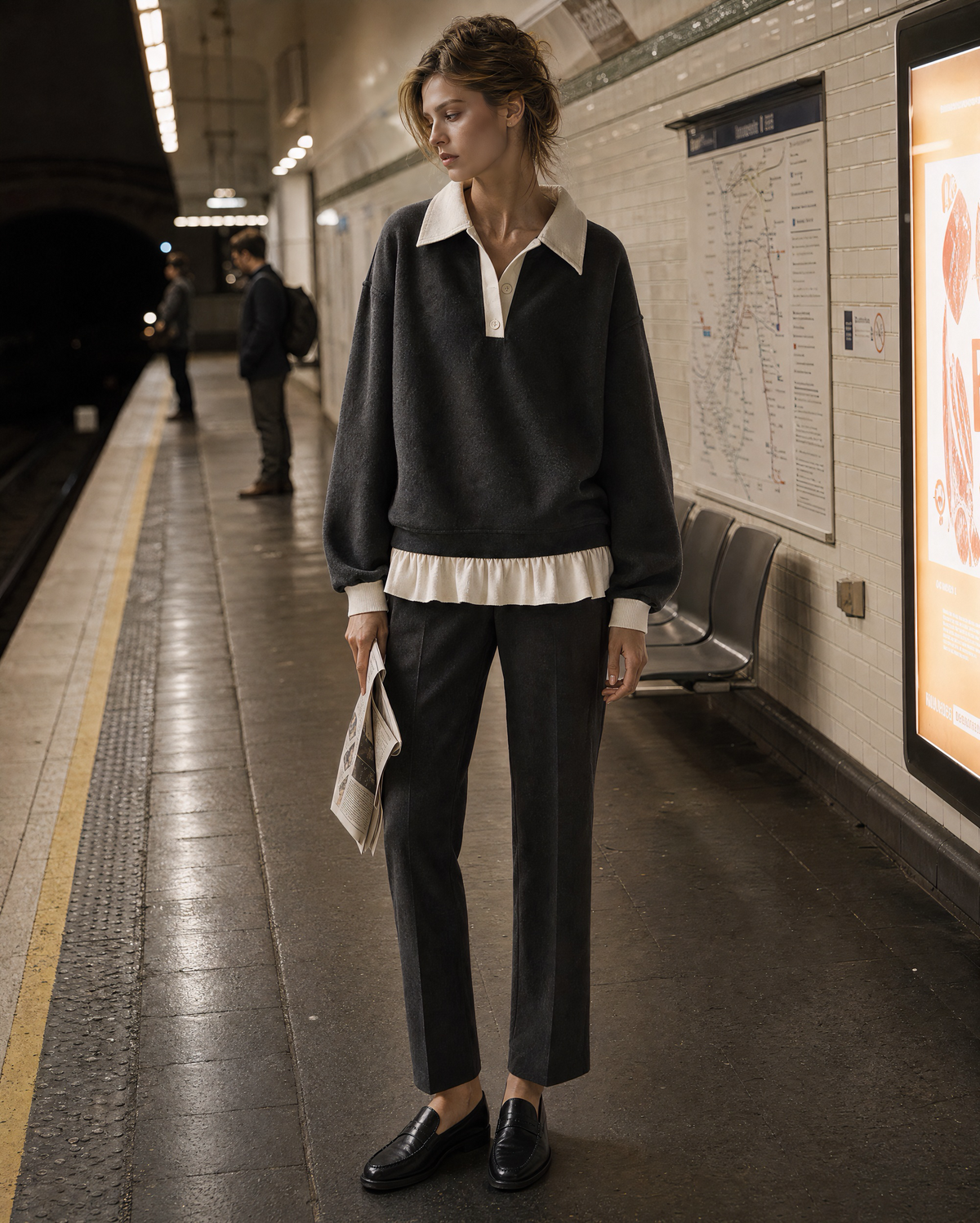 Casual Charcoal Grey Brushed Knit Contrast Polo-collar Long-sleeve Ruffled Hem Top MVA002640AA
