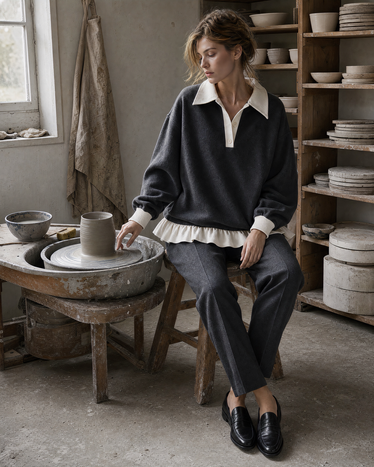 Casual Charcoal Grey Brushed Knit Contrast Polo-collar Long-sleeve Ruffled Hem Top MVA002640AA