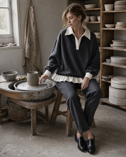 Casual Charcoal Grey Brushed Knit Contrast Polo-collar Long-sleeve Ruffled Hem Top MVA002640AA