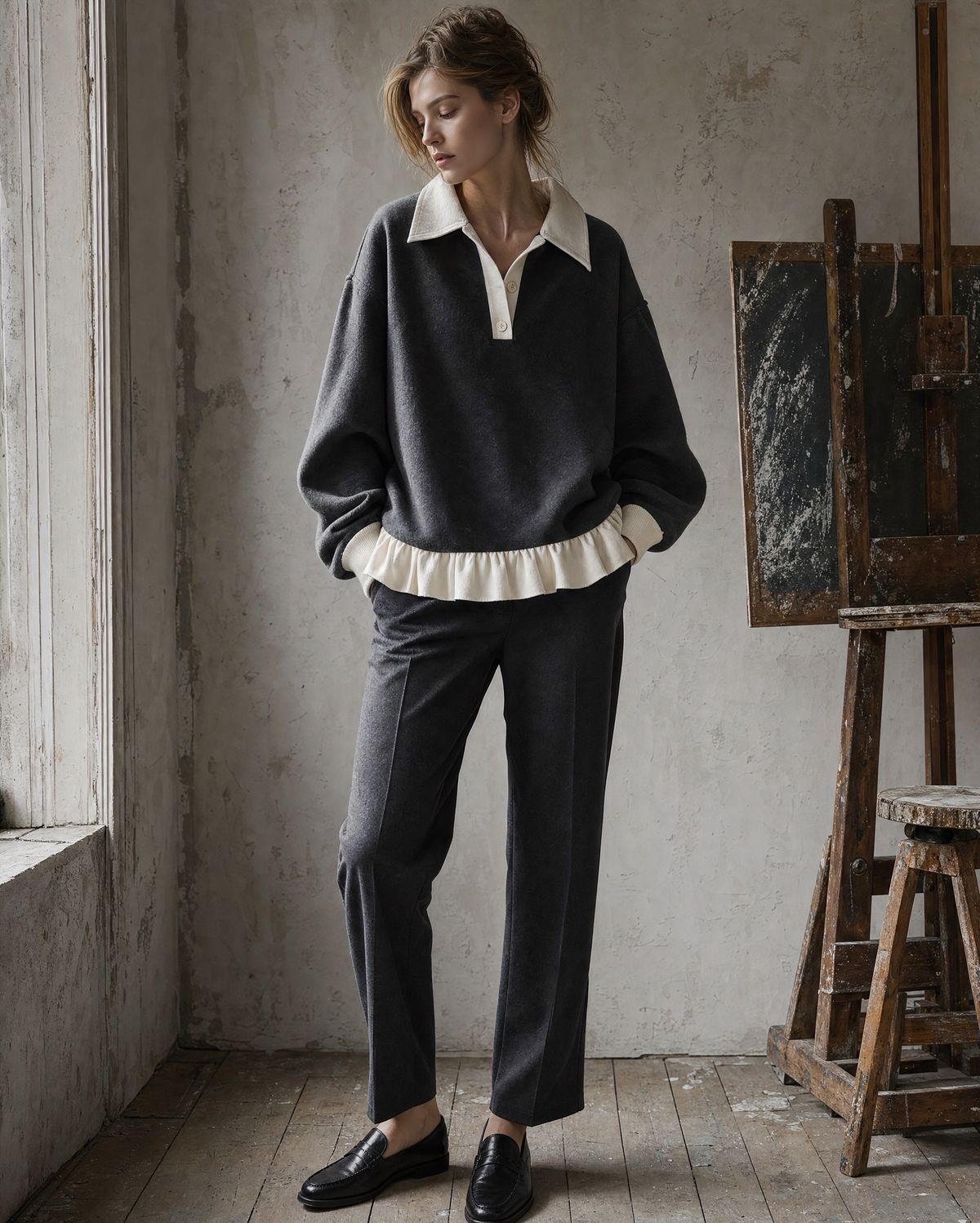 Casual Charcoal Grey Brushed Knit Contrast Polo-collar Long-sleeve Ruffled Hem Top MVA002640AA