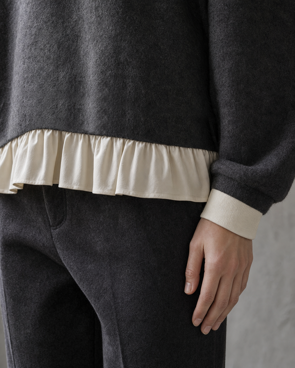 Casual Charcoal Grey Brushed Knit Contrast Polo-collar Long-sleeve Ruffled Hem Top MVA002640AA