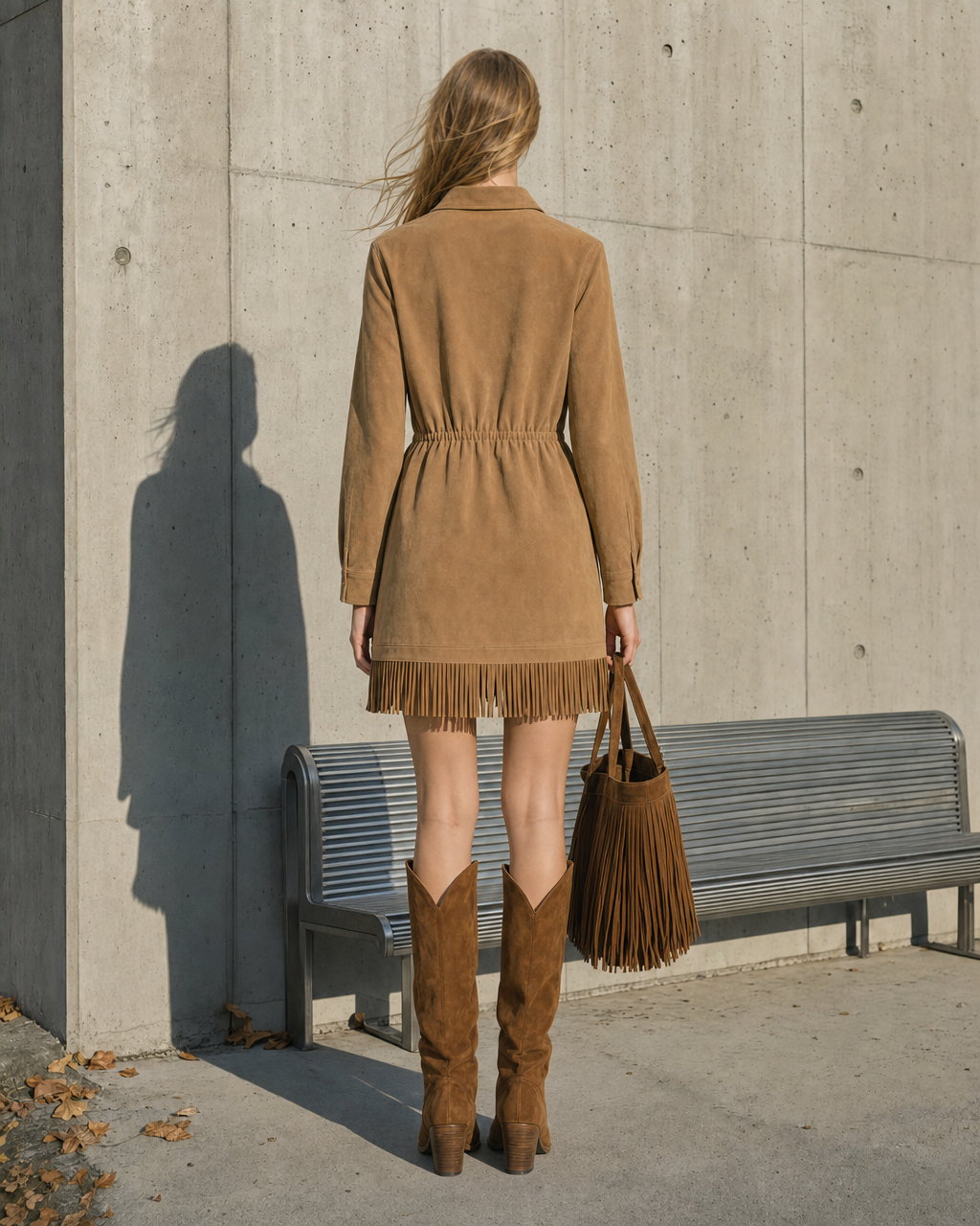 Bohemian Tan Suede Shirt-collar Long-sleeve Fringed Hem Mini Shirt Dress MVA002660AA
